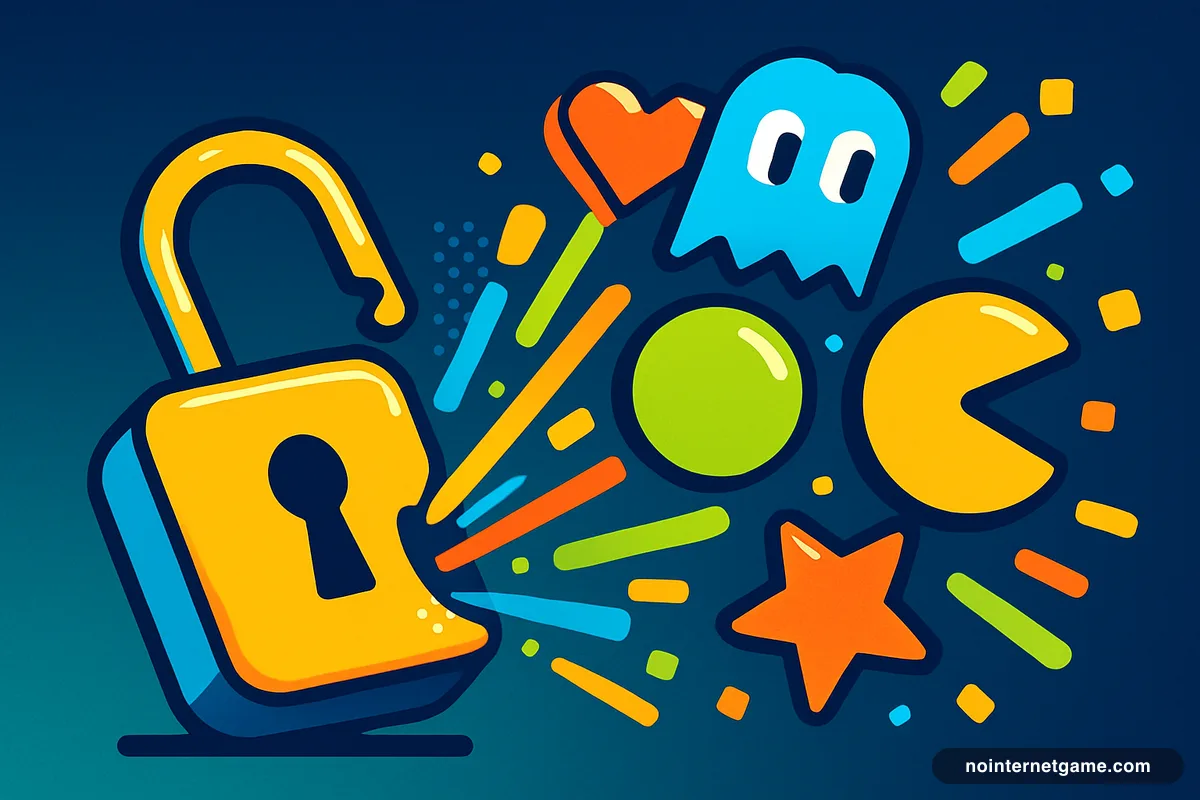 Illustration of a padlock springing open as bright arcade game shapes burst past it