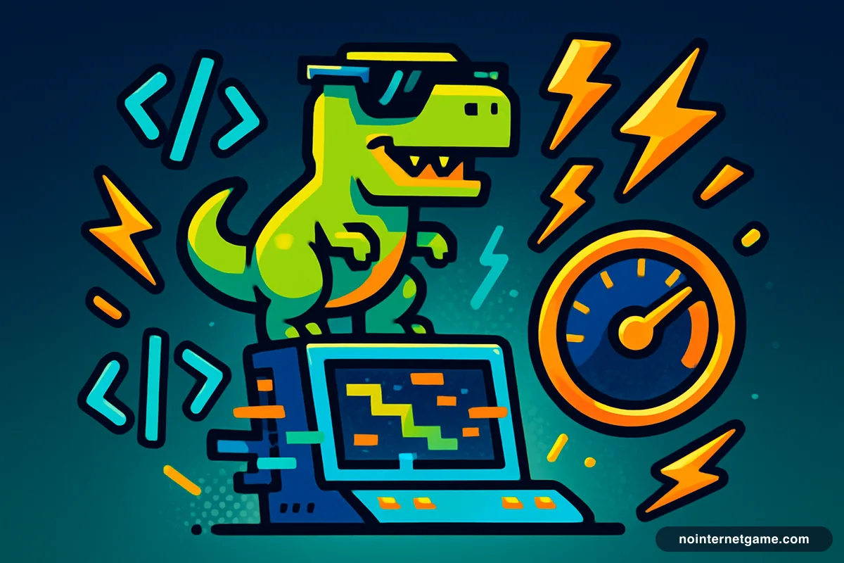 Illustration of the pixel T-Rex in sunglasses on a glitching terminal with a maxed speedometer