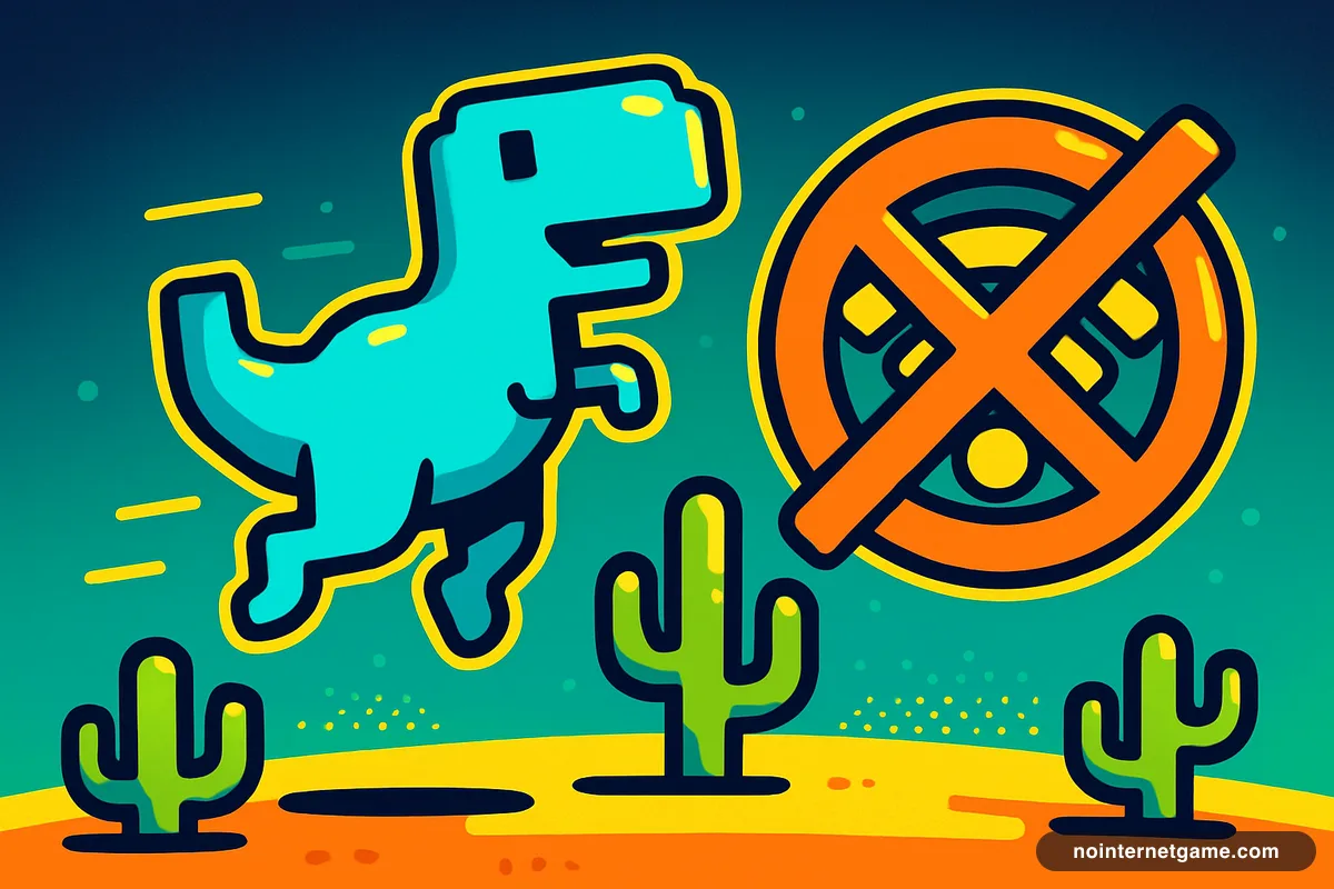 Illustration of a pixel dinosaur leaping over cacti beside a large crossed-out Wi-Fi symbol