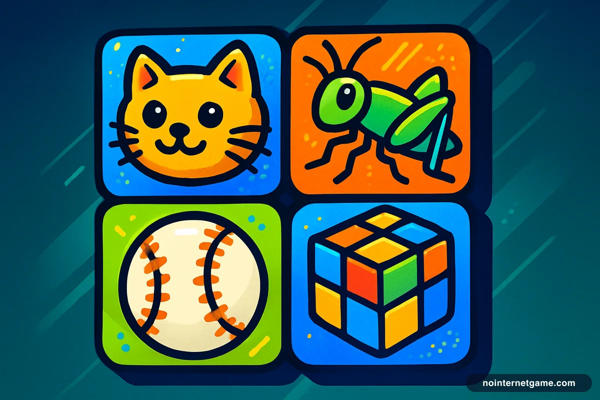 Illustration of a grid of colourful doodle game tiles including a cat, a cricket and a rubiks cube