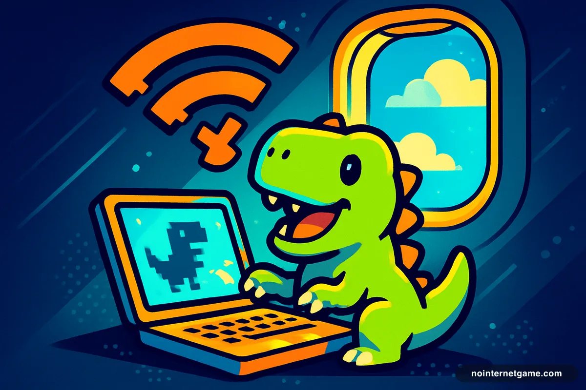 Illustration of a pixel dinosaur playing on a laptop with a broken Wi-Fi symbol floating above it